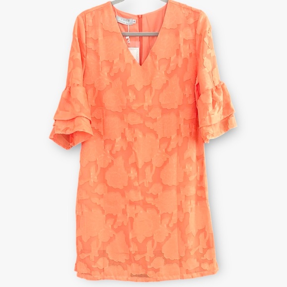 🆕 BELONGSCI Shift Design Dress V-Neck 3/4 Bell Sleeve. Orange. Size M. NWT. - Picture 2 of 12